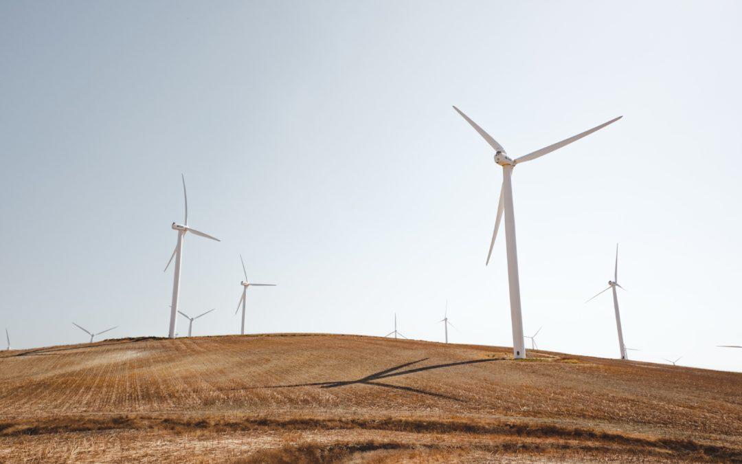 windmills in a barren field