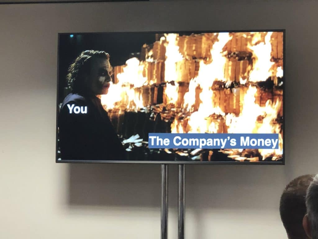 Slide showing the Joker and The Company's Money in text