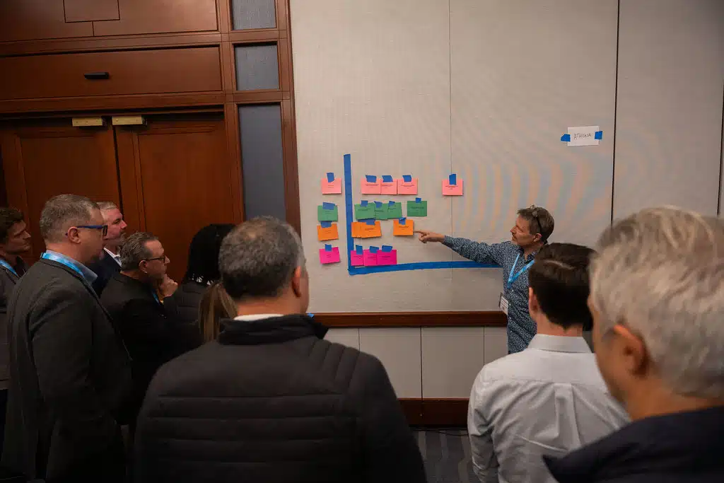 With colored cards representing project issues and swing values, participants physically built a De-Risk Dashboard on the walls for Athena and Pear. Each project’s swing (uncertainty) and baseline (value) were plotted to visualize relative opportunity and risk across the portfolio. 